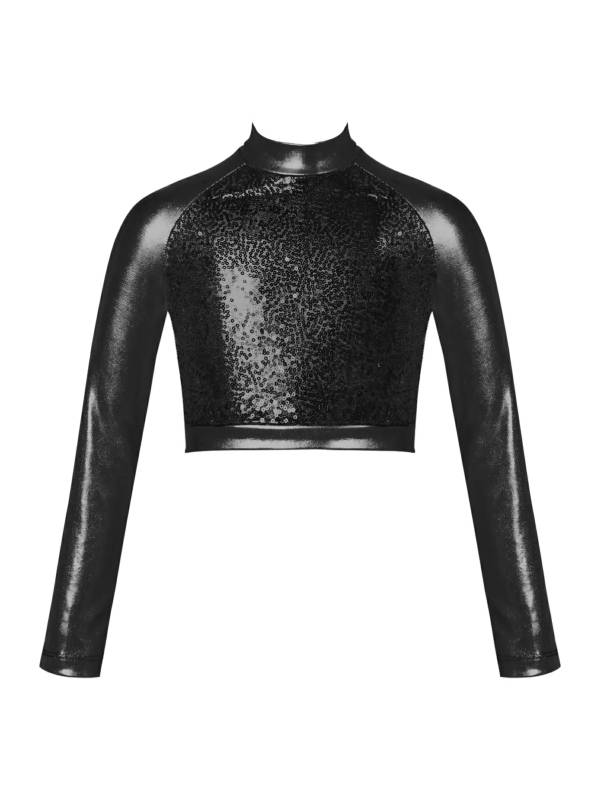 Kids Girls Glossy Metallic Long Sleeve Jazz Crop Top thumb