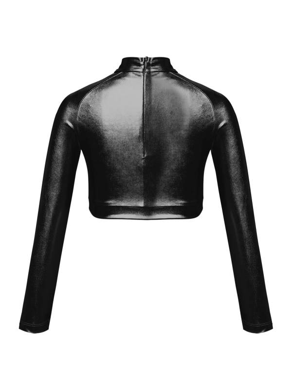 Kids Girls Glossy Metallic Long Sleeve Jazz Crop Top thumb