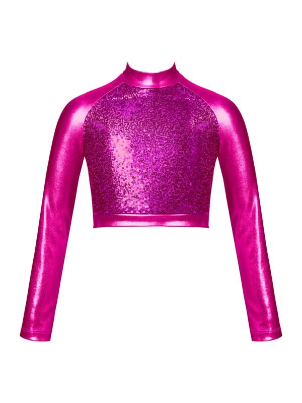 Kids Girls Glossy Metallic Long Sleeve Jazz Crop Top thumb
