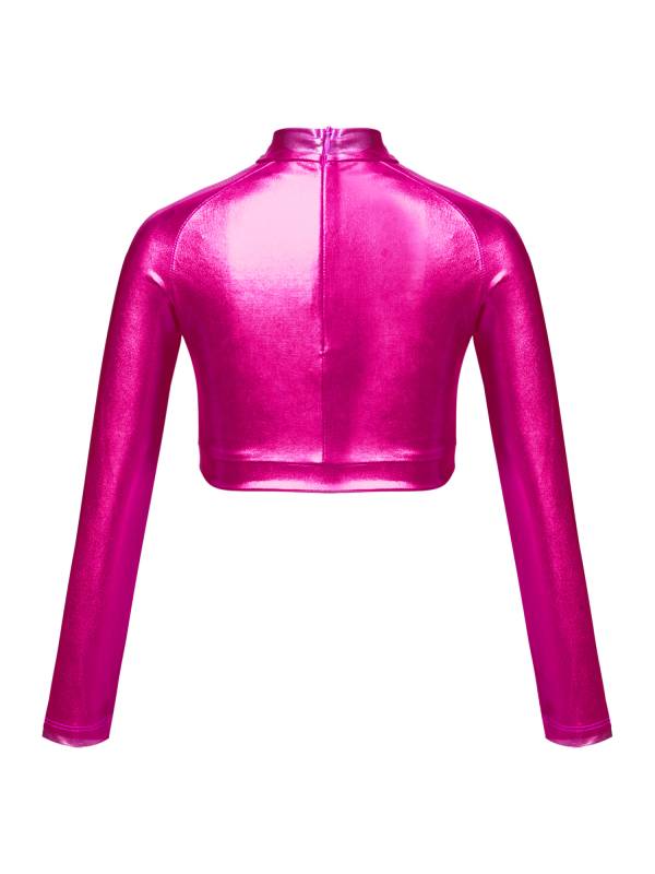 Kids Girls Glossy Metallic Long Sleeve Jazz Crop Top thumb