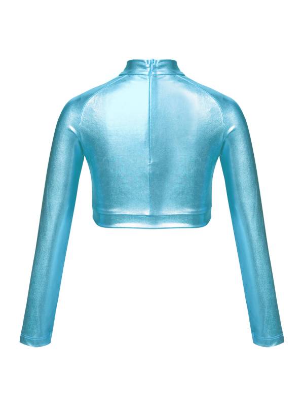 Kids Girls Glossy Metallic Long Sleeve Jazz Crop Top thumb