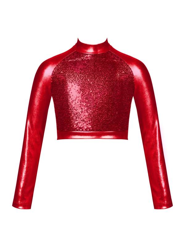 Kids Girls Glossy Metallic Long Sleeve Jazz Crop Top thumb