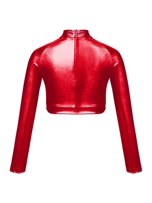 Kids Girls Glossy Metallic Long Sleeve Jazz Crop Top thumb