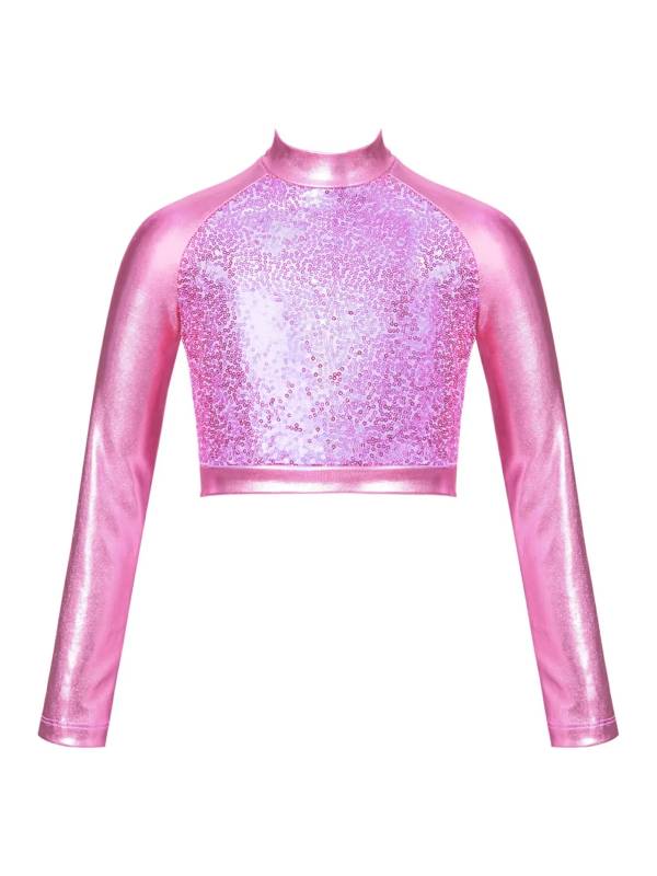 Kids Girls Glossy Metallic Long Sleeve Jazz Crop Top thumb