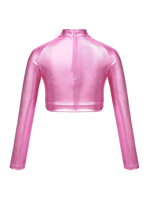 Kids Girls Glossy Metallic Long Sleeve Jazz Crop Top thumb