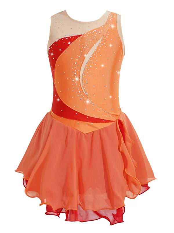Kids Girls Sleeveless Shiny Rhinestone Ruffle Skating Dance Dress thumb