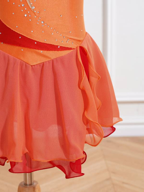 Kids Girls Sleeveless Shiny Rhinestone Ruffle Skating Dance Dress thumb
