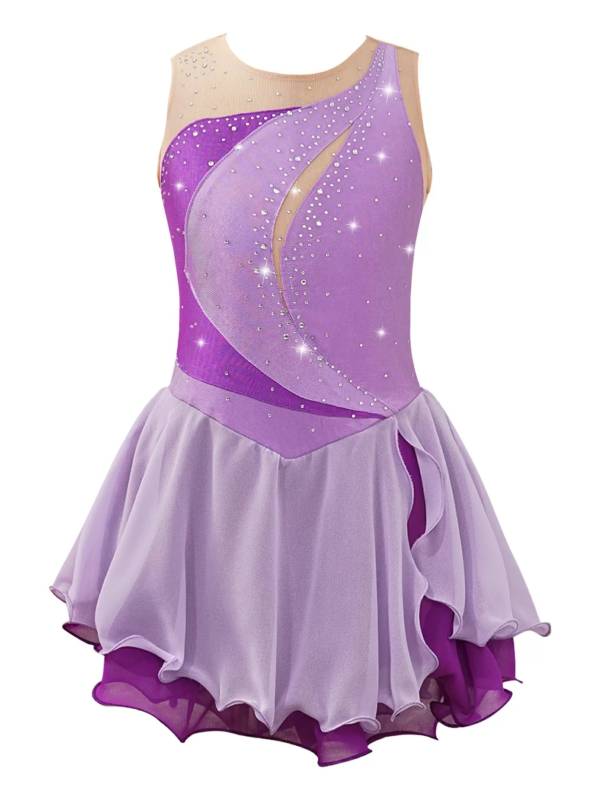 Kids Girls Sleeveless Shiny Rhinestone Ruffle Skating Dance Dress thumb