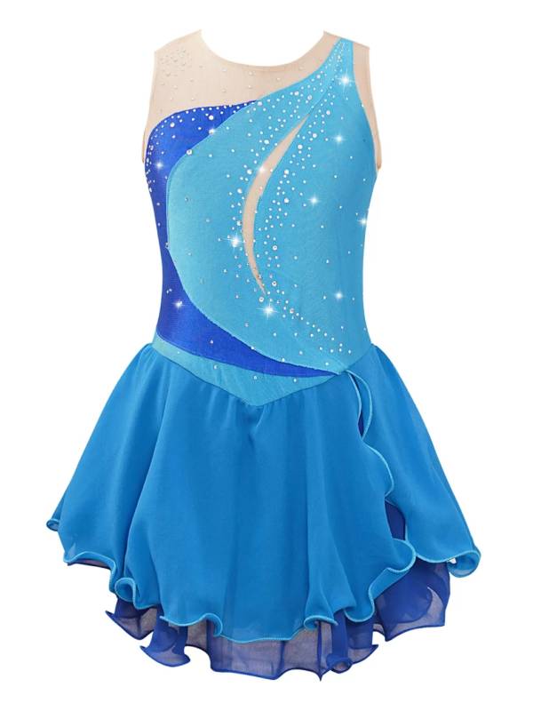 Kids Girls Sleeveless Shiny Rhinestone Ruffle Skating Dance Dress thumb
