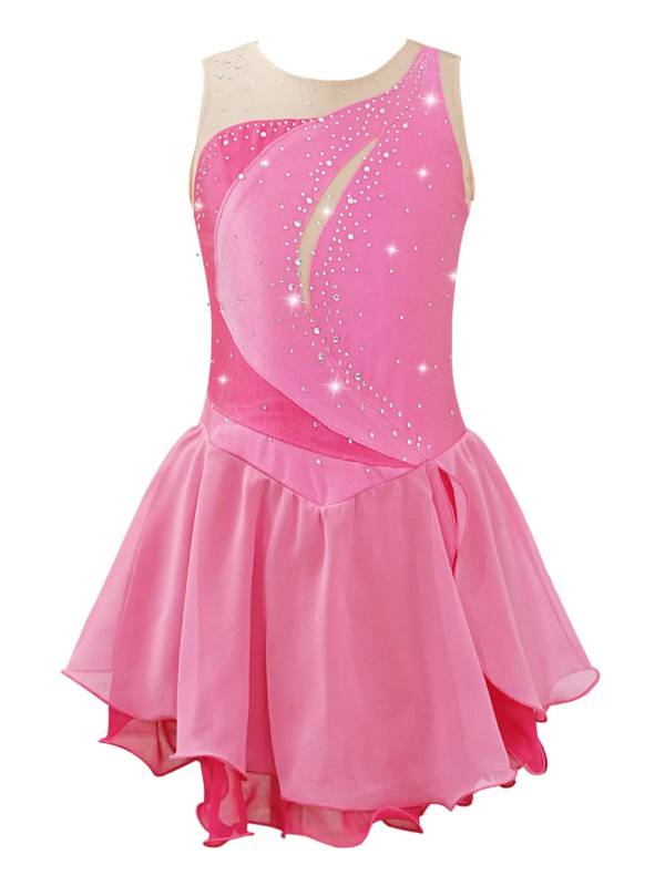 Kids Girls Sleeveless Shiny Rhinestone Ruffle Skating Dance Dress thumb