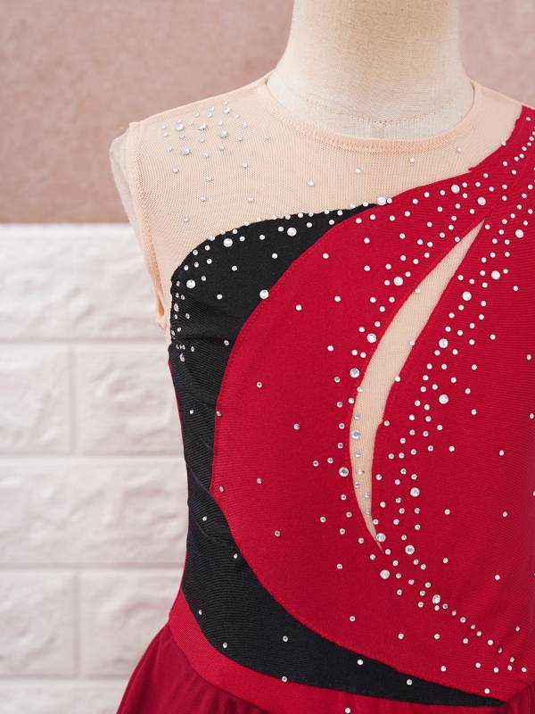 Kids Girls Sleeveless Shiny Rhinestone Ruffle Skating Dance Dress thumb