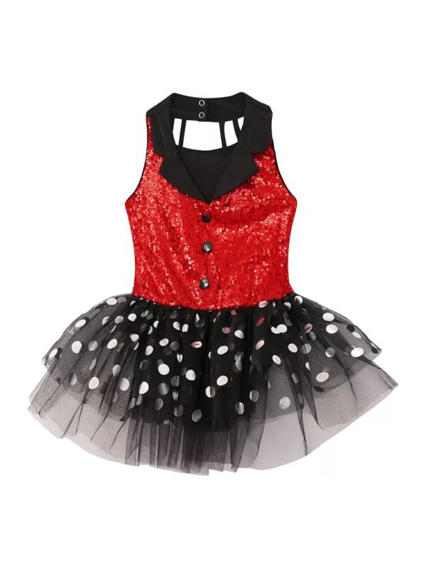 Kids Girls Sleeveless Sequin Polka Dots Ballet Dance Tutu Dress thumb