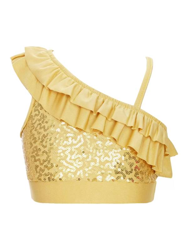 Kids Girls Sleeveless Sequin Ruffle Jazz Dance Crop Top thumb