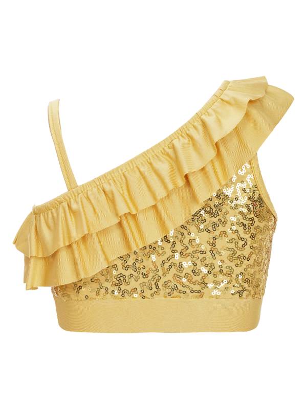 Kids Girls Sleeveless Sequin Ruffle Jazz Dance Crop Top thumb