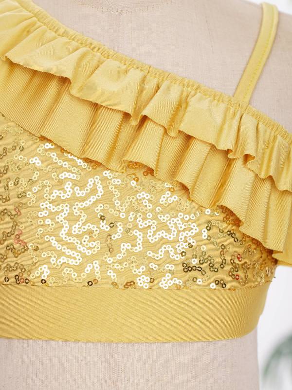Kids Girls Sleeveless Sequin Ruffle Jazz Dance Crop Top thumb