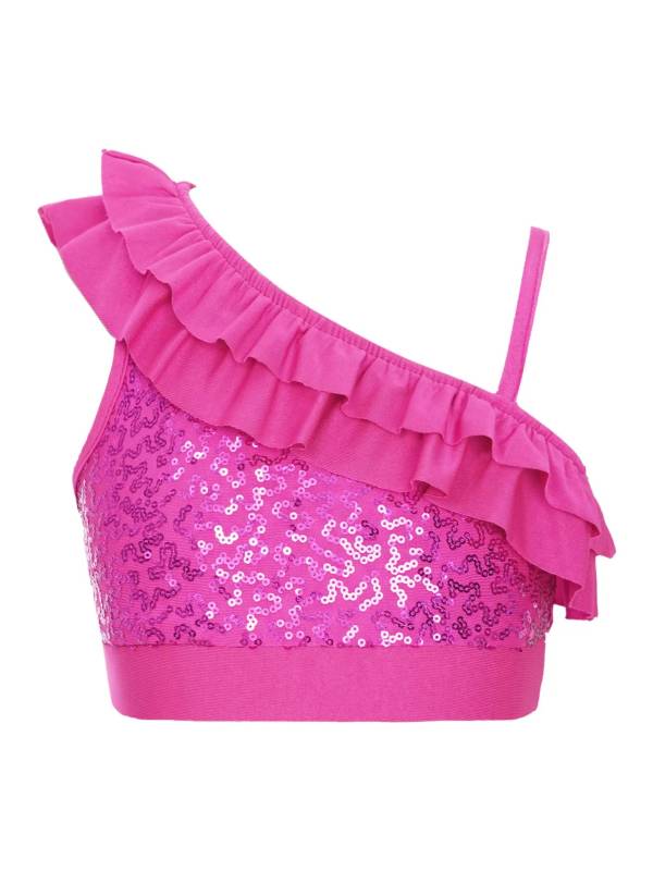 Kids Girls Sleeveless Sequin Ruffle Jazz Dance Crop Top thumb
