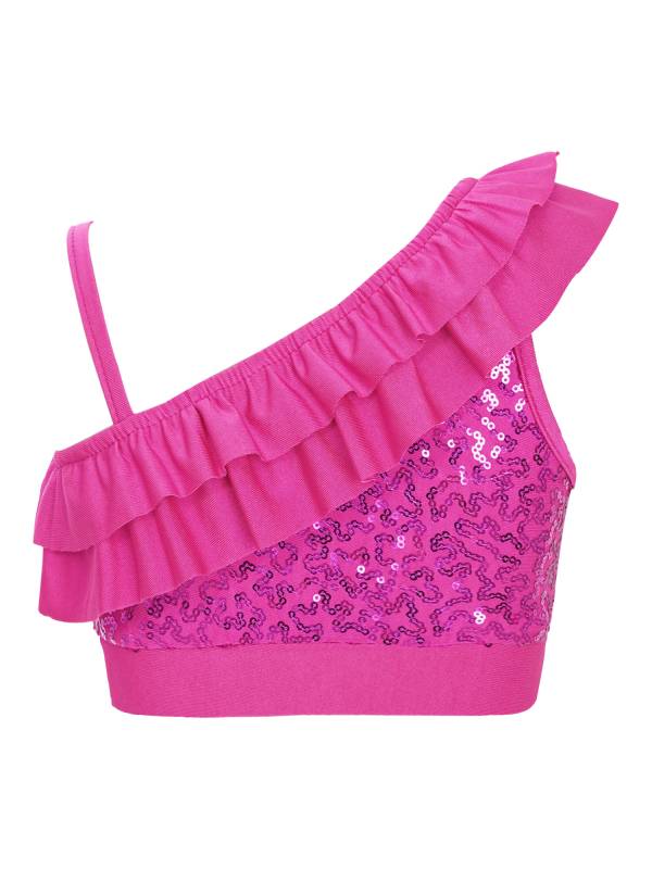 Kids Girls Sleeveless Sequin Ruffle Jazz Dance Crop Top thumb