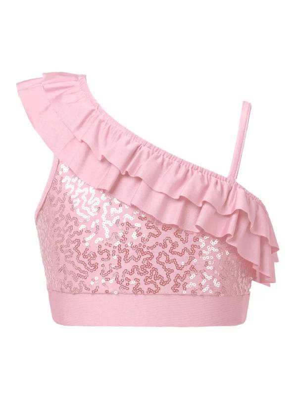 Kids Girls Sleeveless Sequin Ruffle Jazz Dance Crop Top thumb