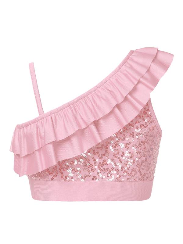 Kids Girls Sleeveless Sequin Ruffle Jazz Dance Crop Top thumb