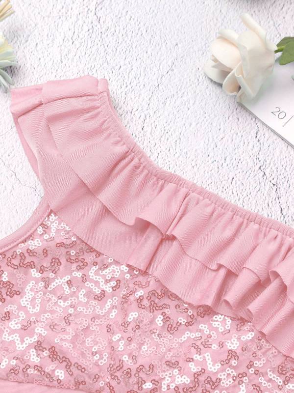 Kids Girls Sleeveless Sequin Ruffle Jazz Dance Crop Top thumb