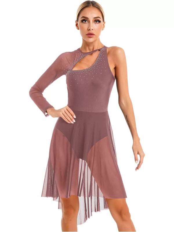 Women Glitter Rhinestone Cutout Leotard Lyrical Contemporary Dance Dress thumb