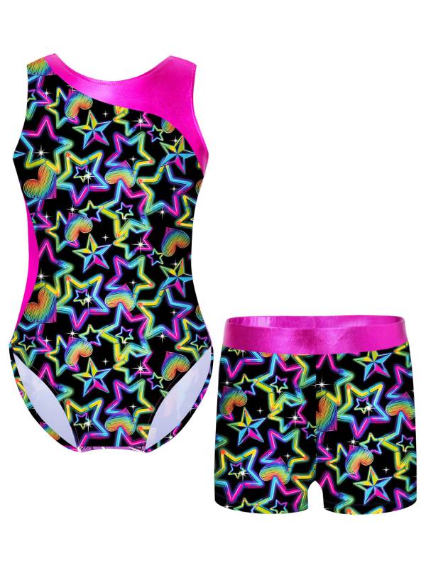 Kids Girls 2pcs Unicorn Rainbow Printed Gymnastics Dance Sets thumb