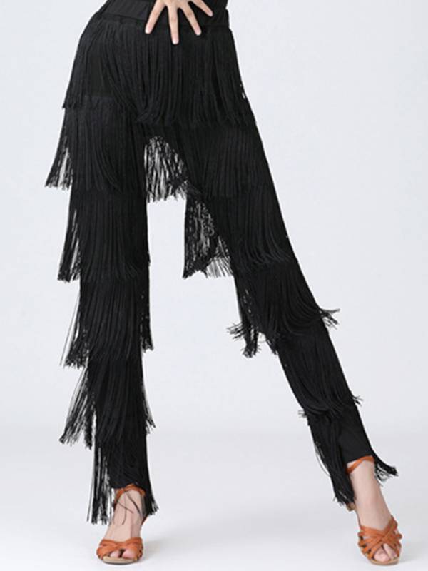 Women Tassel Latin Dance Tango Tiered Fringed Pants thumb