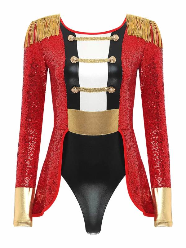 Women Long Sleeve Allover Sequin Circus Ringmaster Cosplay Bodysuit thumb