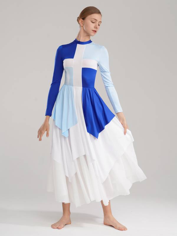 Women Long Sleeves Color Block Liturgical Praise Dance Dress thumb