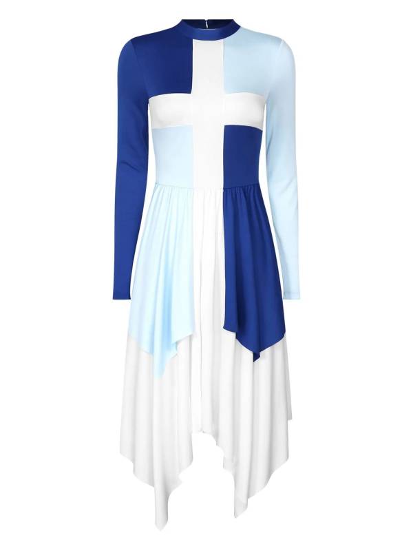 Women Long Sleeves Color Block Liturgical Praise Dance Dress thumb