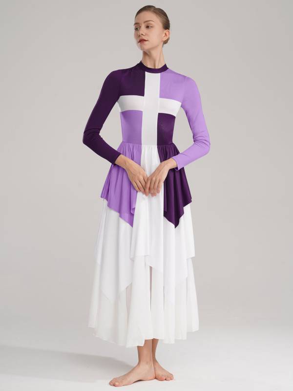 Women Long Sleeves Color Block Liturgical Praise Dance Dress thumb