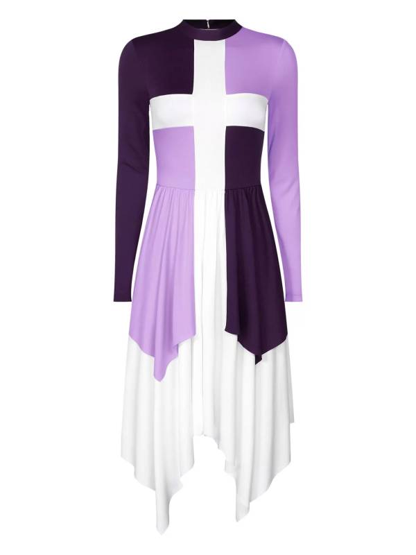 Women Long Sleeves Color Block Liturgical Praise Dance Dress thumb