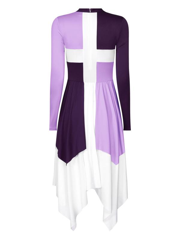Women Long Sleeves Color Block Liturgical Praise Dance Dress thumb