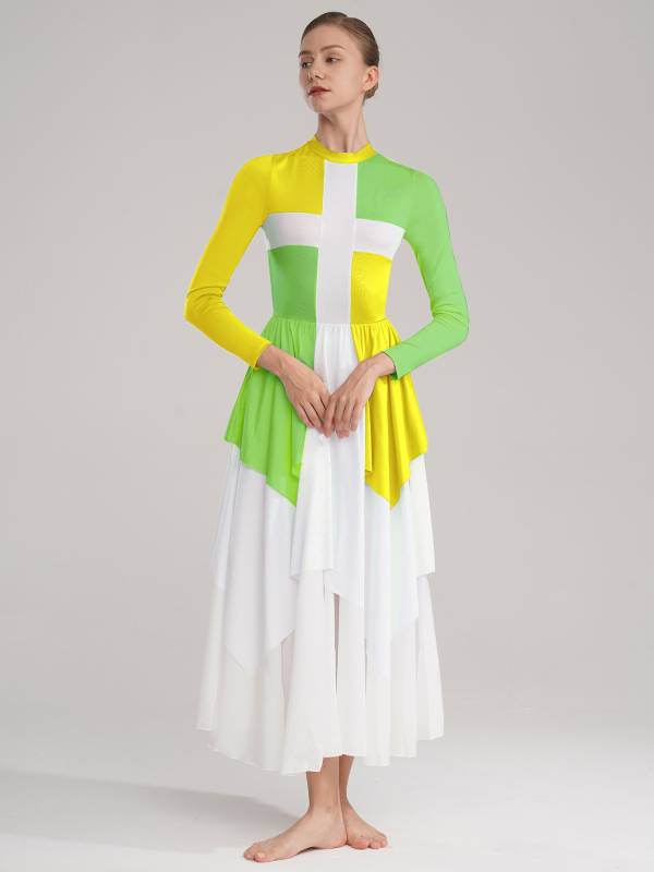 Women Long Sleeves Color Block Liturgical Praise Dance Dress thumb