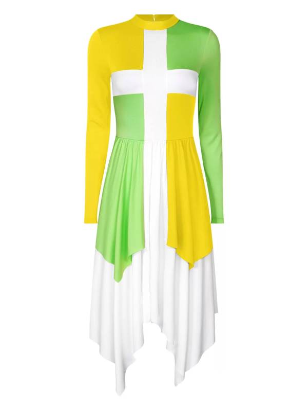 Women Long Sleeves Color Block Liturgical Praise Dance Dress thumb