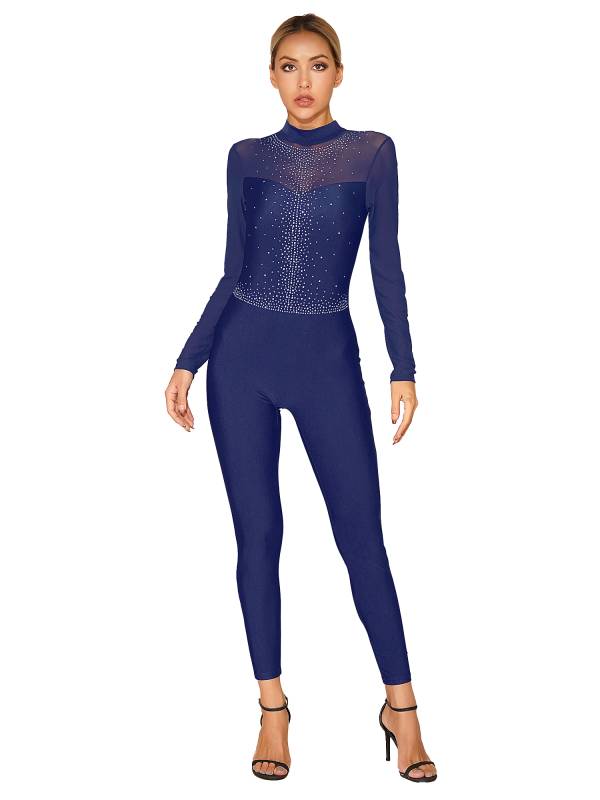 Women Long Sleeve Glittery Rhinestone Hollow Back Gymnastics Unitard thumb
