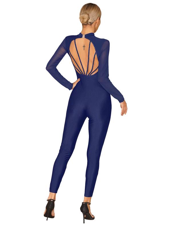 Women Long Sleeve Glittery Rhinestone Hollow Back Gymnastics Unitard thumb