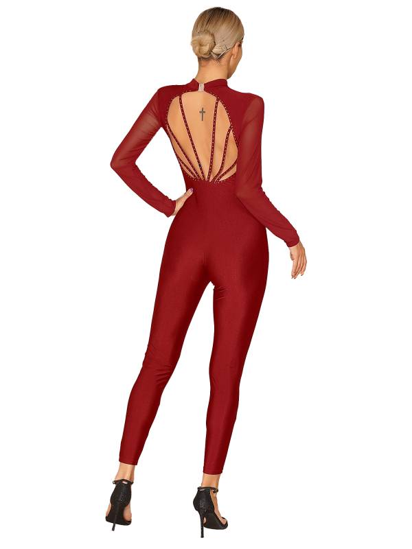 Women Long Sleeve Glittery Rhinestone Hollow Back Gymnastics Unitard thumb