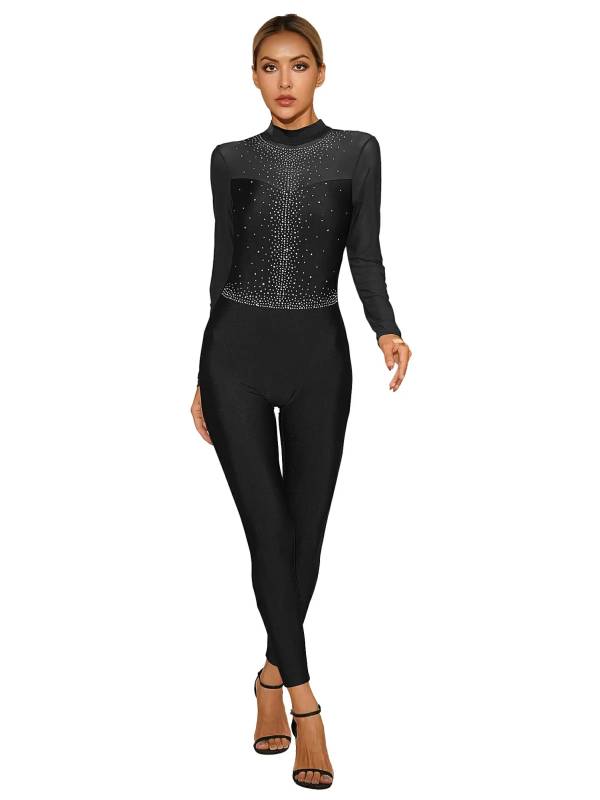 Women Long Sleeve Glittery Rhinestone Hollow Back Gymnastics Unitard thumb
