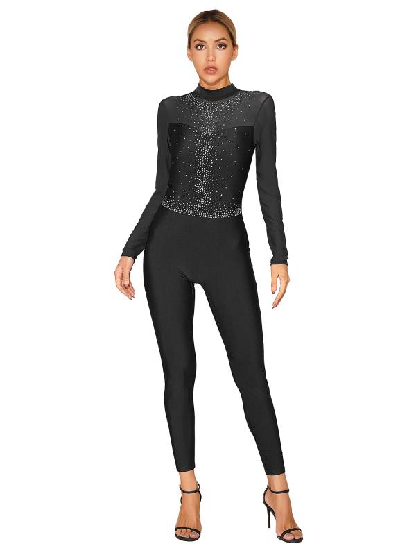 Women Long Sleeve Glittery Rhinestone Hollow Back Gymnastics Unitard thumb