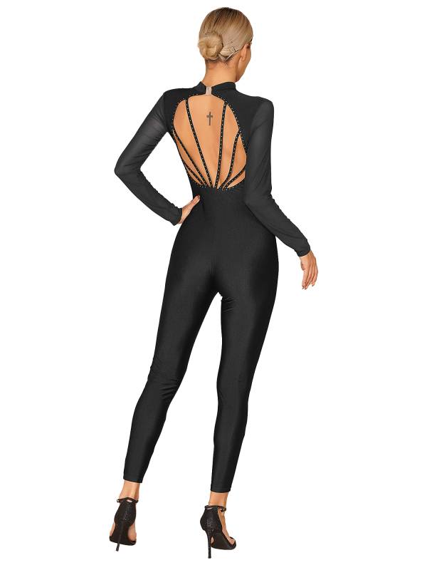 Women Long Sleeve Glittery Rhinestone Hollow Back Gymnastics Unitard thumb