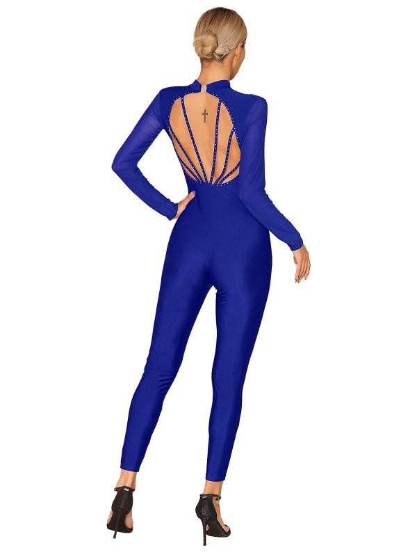 Women Long Sleeve Glittery Rhinestone Hollow Back Gymnastics Unitard thumb