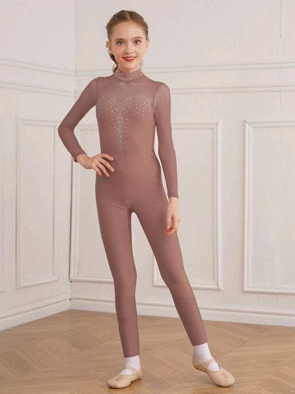 Kids Girls Long Sleeve Shiny Rhinestone Gymnastics Unitard thumb