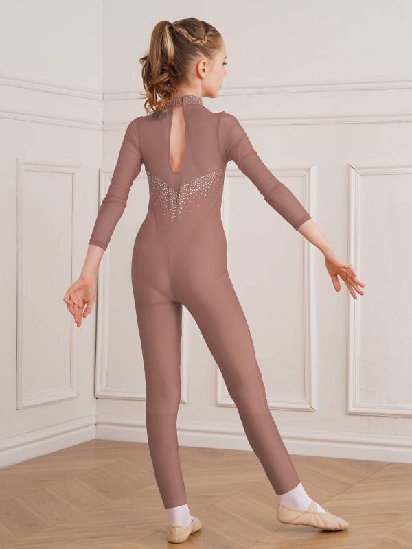 Kids Girls Long Sleeve Shiny Rhinestone Gymnastics Unitard thumb