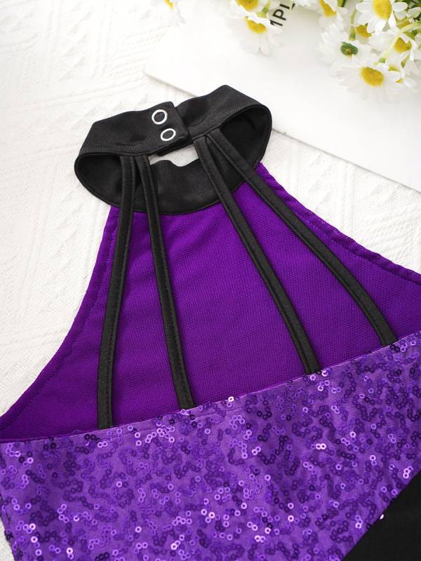 Kids Girls Sequins Sleeveless Colorblock Rhythmic Gymnastics Leotard thumb