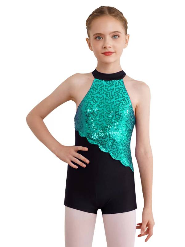 Kids Girls Sequins Sleeveless Colorblock Rhythmic Gymnastics Leotard thumb