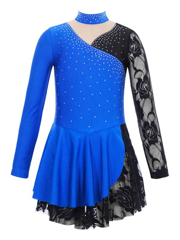 Kids Girls Color Block Long Sleeve Rhinestones Lace Figure Skating Dress thumb