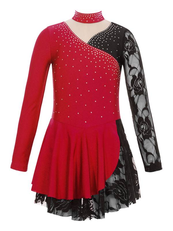 Kids Girls Color Block Long Sleeve Rhinestones Lace Figure Skating Dress thumb