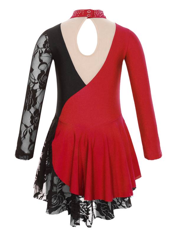 Kids Girls Color Block Long Sleeve Rhinestones Lace Figure Skating Dress thumb