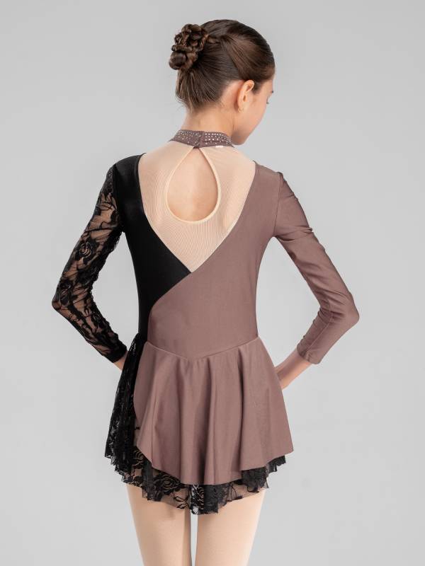 Kids Girls Color Block Long Sleeve Rhinestones Lace Figure Skating Dress thumb